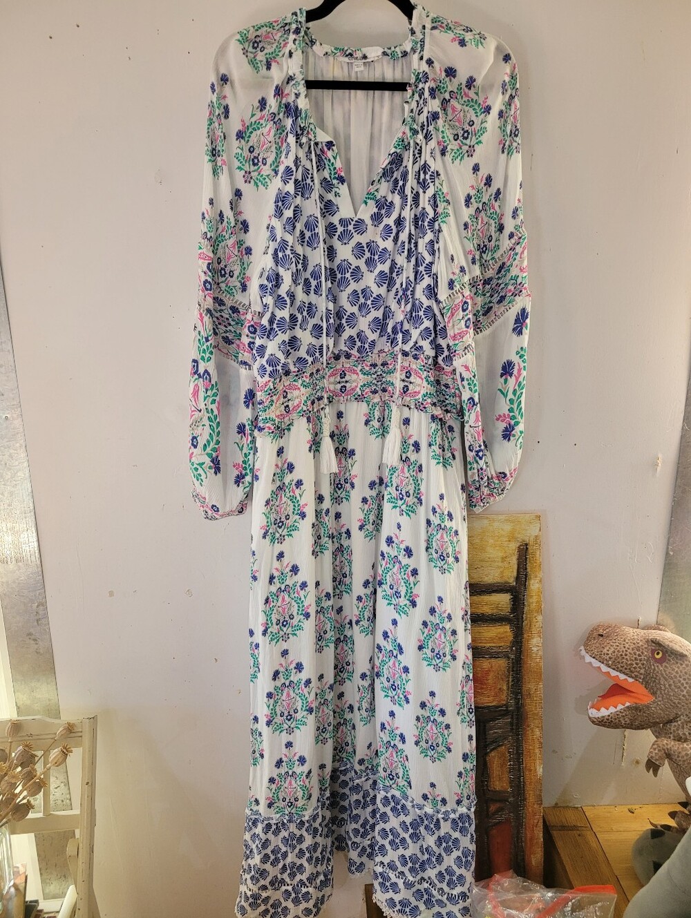 Chico's 3/16 Lukea White Maxi Dress Boho Peasant Blue Pink Floral Shell - Picture 2 of 7